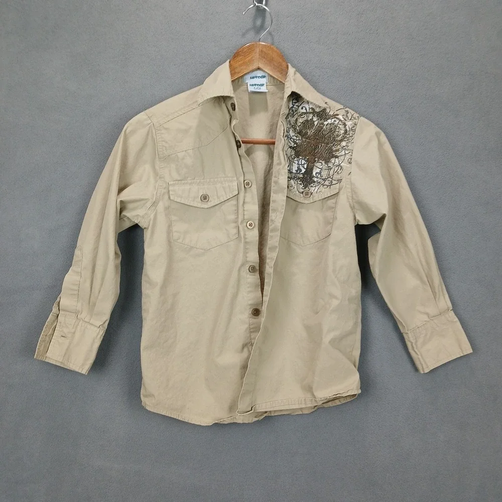 Uproar Western Shirt Boys Small Beige Cotton‎ Tree Embroidered Cowboy Button Up